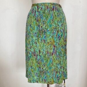 DIANE VON FURSTENBERG silk knit tailored pencil skirt, splatter print, green, 4
